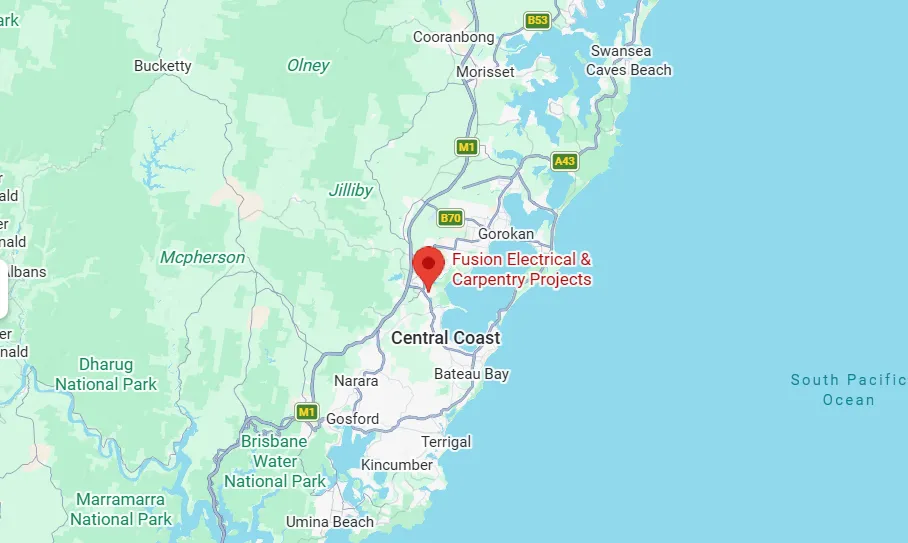 Map of Fusion Projects service area — 30km radius from Tuggerah, Central Coast NSW