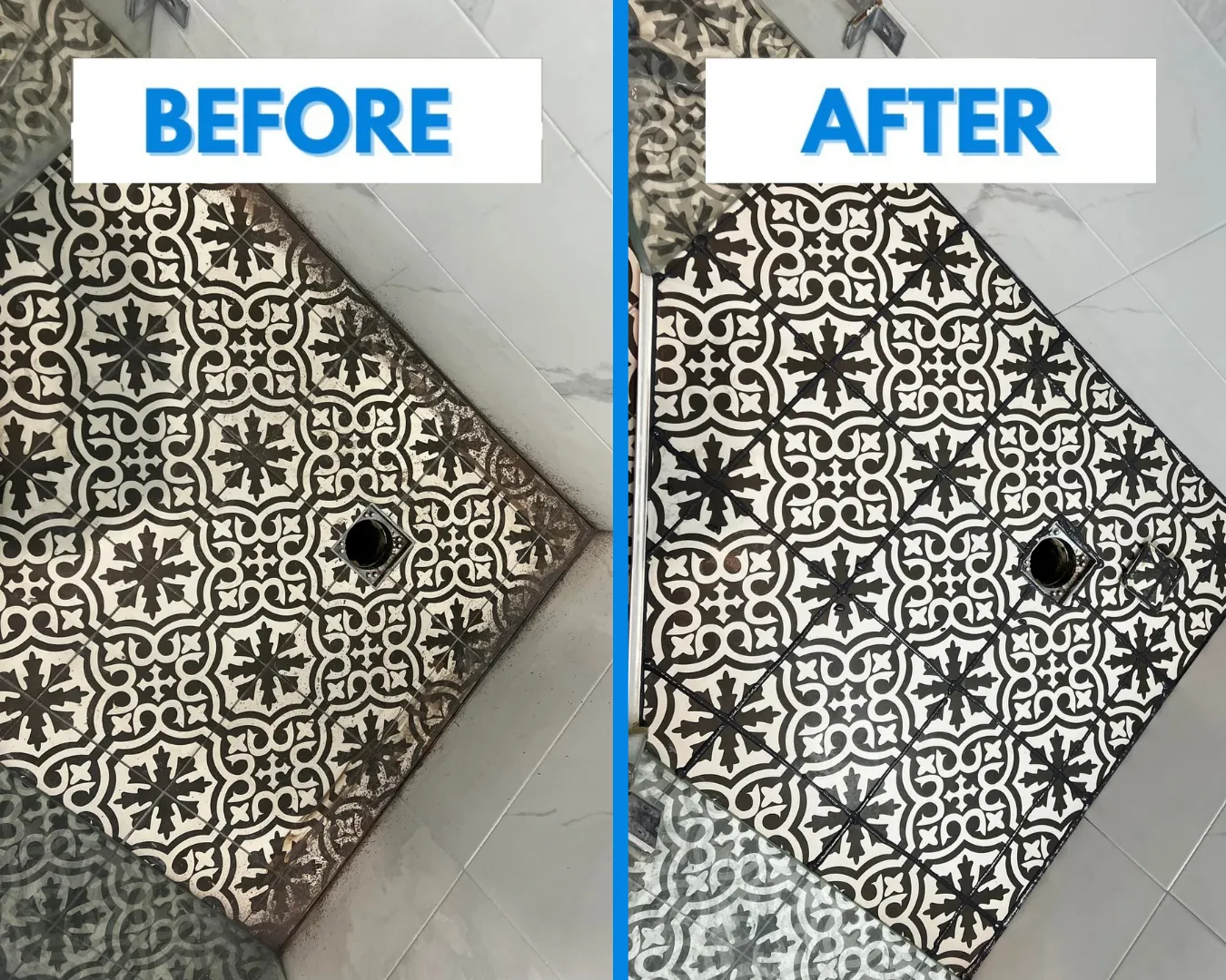 Shower repair result, clean grout lines