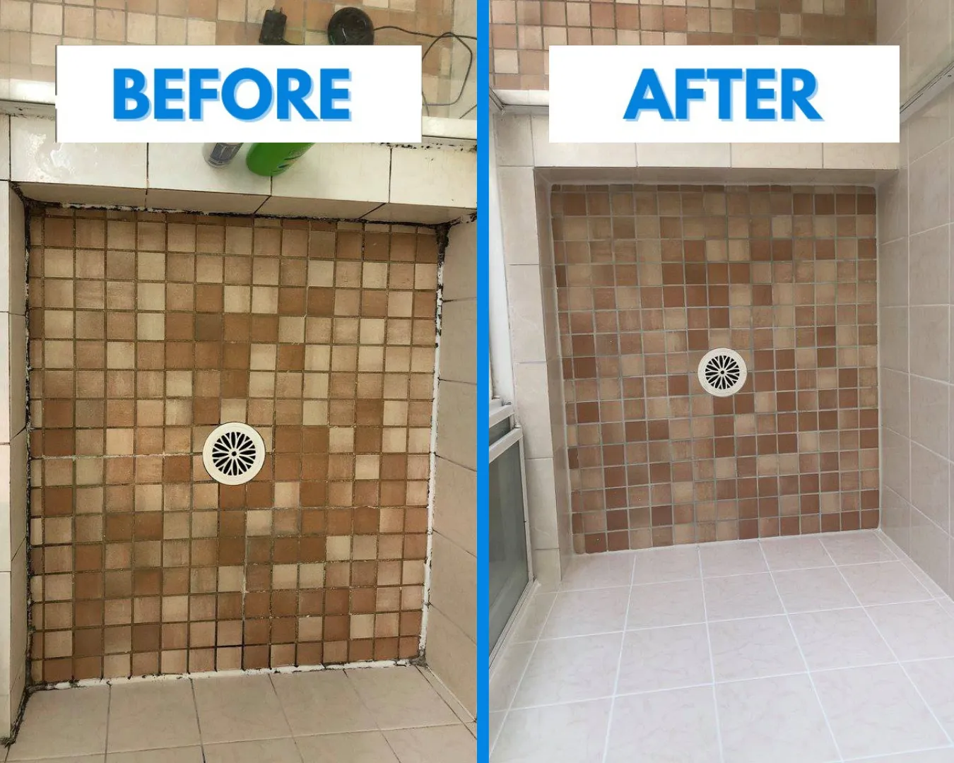Shower floor regrouted, before and after
