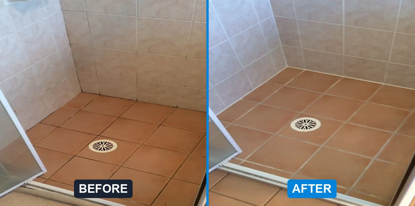 Terracotta shower floor regrouted, before and after