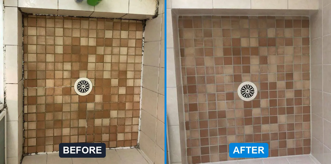 Mosaic shower floor regrouted, before and after