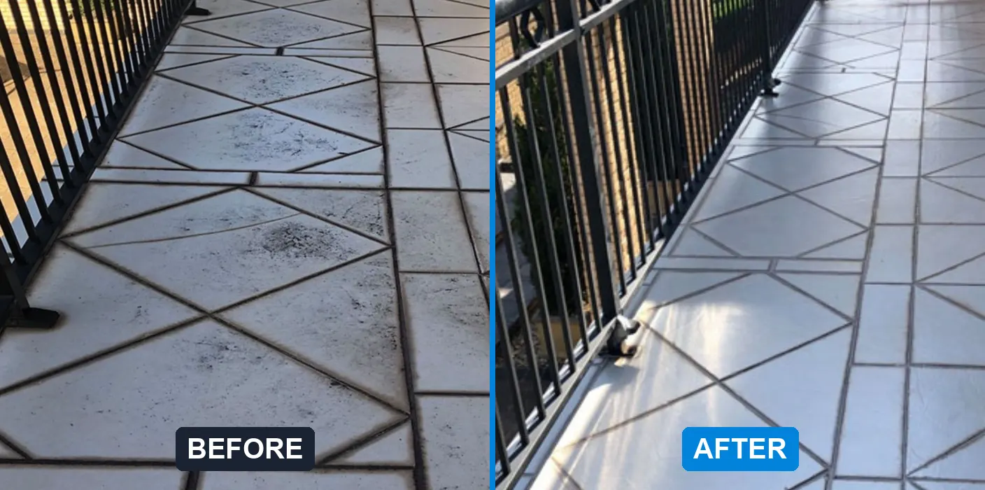 Balcony tiles regrouted and sealed, before and after