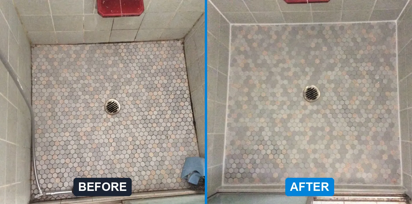 Hexagon mosaic shower regrouted, before and after