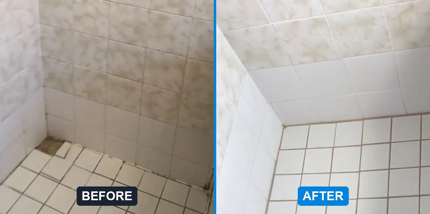Mouldy shower corner regrouted, before and after