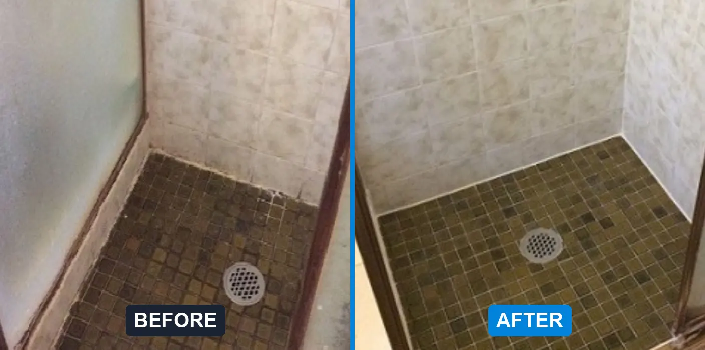 Dark mosaic shower floor regrouted, before and after