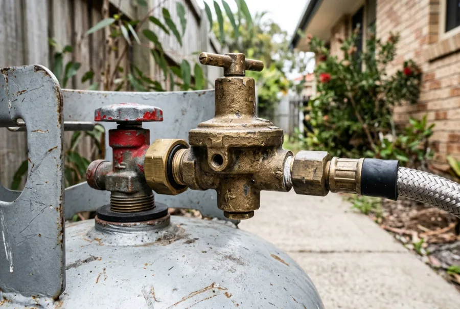 Brass LPG regulator connected to a gas bottle valve