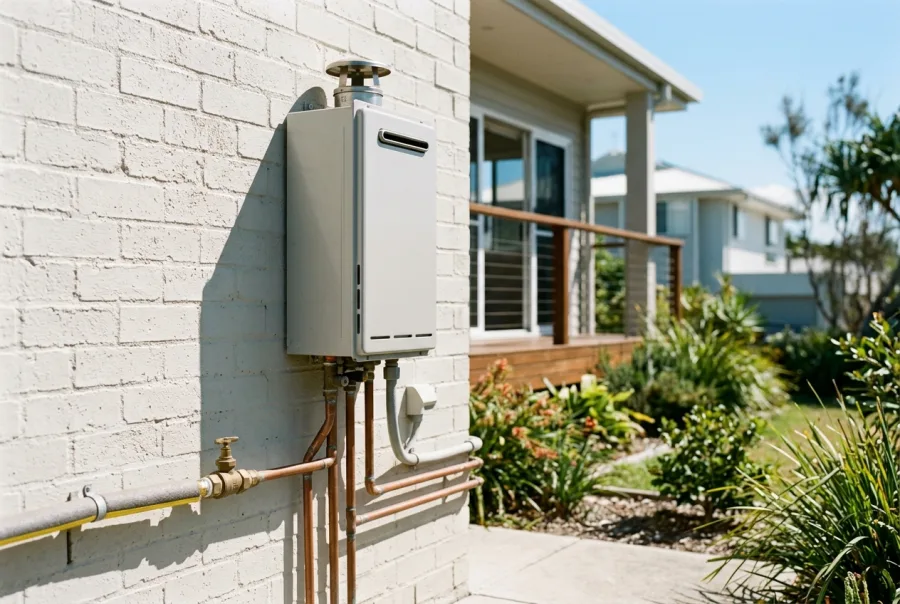 Continuous flow gas hot water unit on an exterior wall