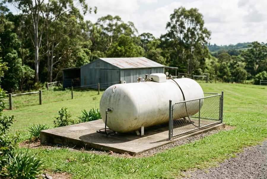 Large LPG tank on a concrete pad on an acreage property